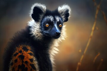 Obraz premium Bokeh picture of a ruffed lemur. Generative AI