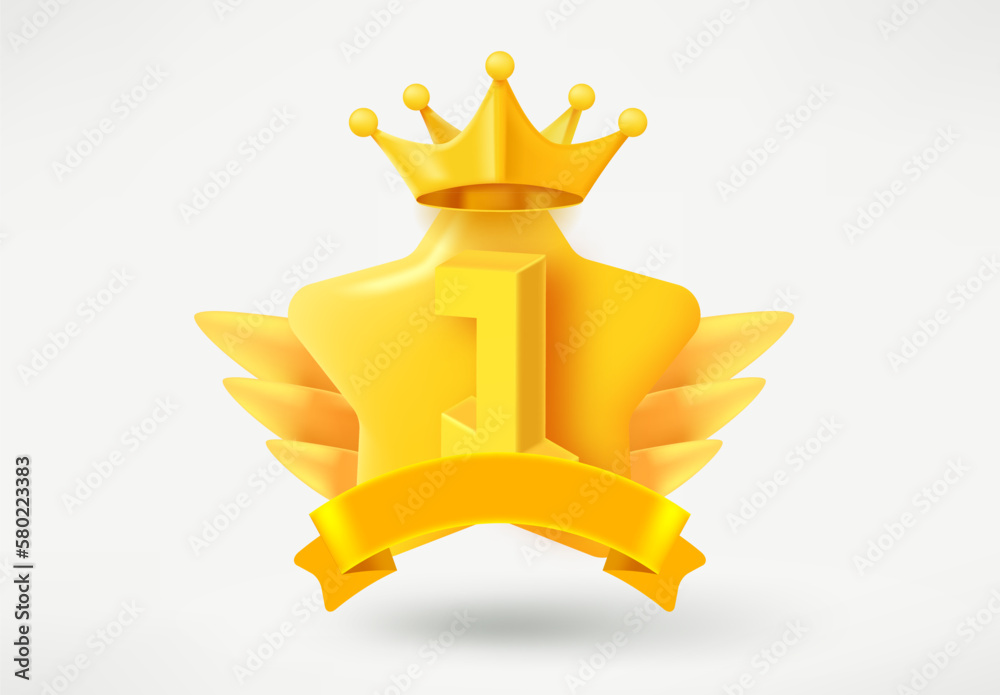 Poster Golden game rank emblem with number 1 and star. Game achievement 3d badge isolated on white background