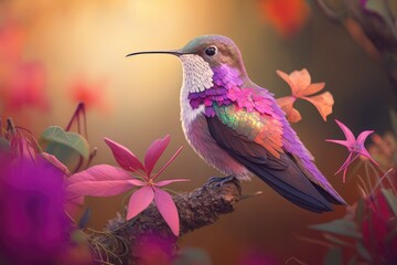Picture of a male hummingbird with bright plumage perched on a pink flower. Generative AI