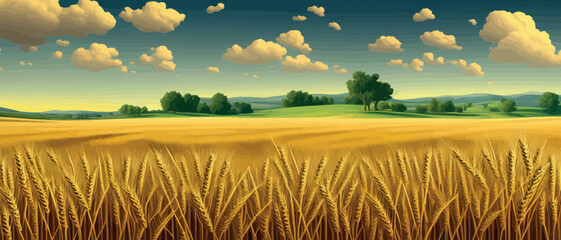 Naklejka premium Large wheat thorns on a field on a beautiful nature and landscape in the sun. Extended rich harvest. Areas of agricultural production. Healthy food. Summer season and warm banner vector illustration