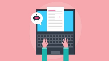 AI powered content writing software tool helping person writing text content for social media, blog, sales advertising context video animation concept.