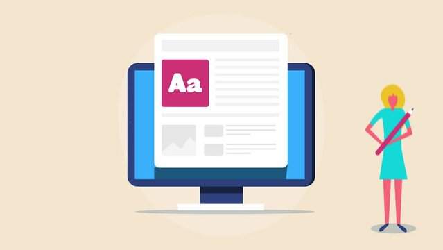 Content writing service, woman entrepreneur professional blog creative article writing concept, video animation.