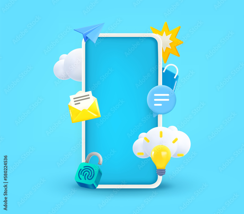 Poster modern smartphone with communication elements and blank screen. 3d vector illustration