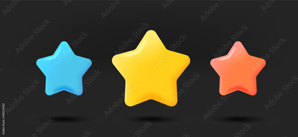 Poster color rating star icons collection. 3d vector isolated on black background