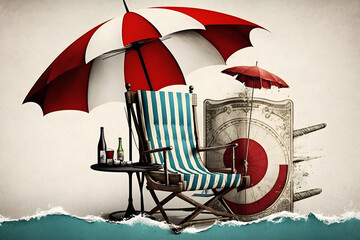 Photo album remembrance and nostalgia journey in summer surfing beach trip on wood table. instant photo of vintage camera - vintage and retro style