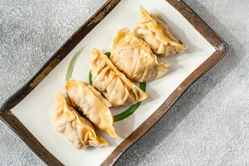 Grilled Gyoza or jiaozi fried stuffed dumplings, negative space.