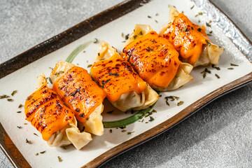 Grilled gyoza japanese dumplings foods with mentai sauce