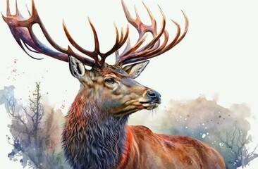 Antlers on male deer. Red deer stag. Aquarelle, a watercolor drawing with space for writing. Generative AI