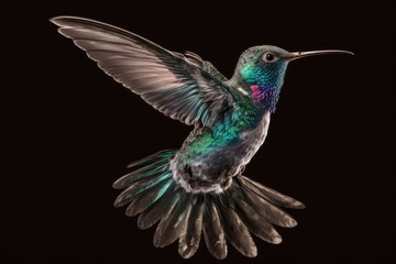 Obraz premium Against a black background, a Broad billed Hummingbird is flying. Generative AI