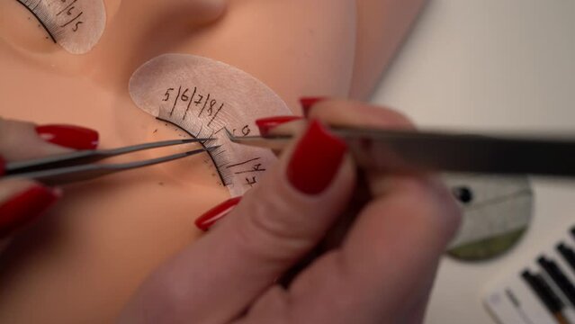 Basic training to build eyelashes on a silicone mannequin using tweezer and glue, close up. Top view.