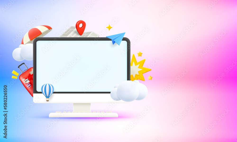 Poster Computer monitor with travel elements and blank screen. 3d vector banner with copy space