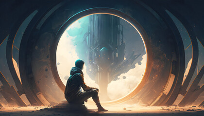Portal to the Future: Mysterious Man Seated in Digital Art Style Illustration, Generative AI