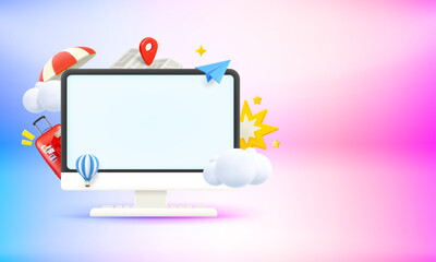 Computer monitor with travel elements and blank screen. 3d vector banner with copy space