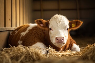 A picture of a cute baby simmental lying on straw in a stable. Calf just born looking at camera. Generative AI