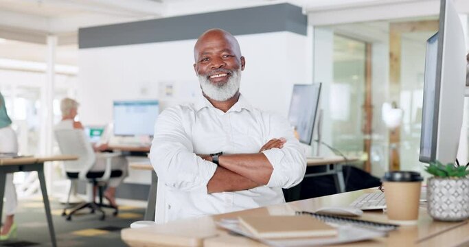 Portrait, computer or black man networking via email marketing or typing a business proposal at office desk. Face, database or happy senior employee smiles with pride after working on an SEO project