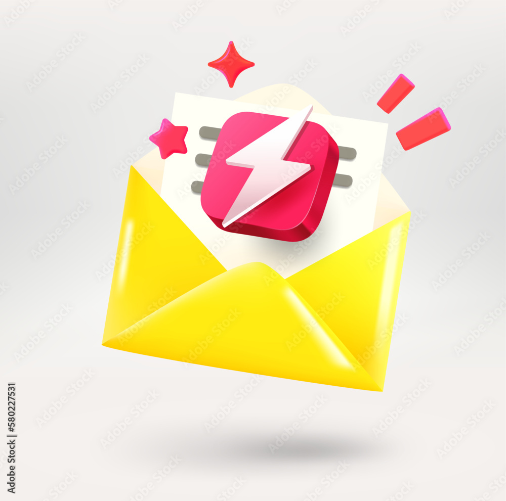 Poster yellow paper envelope with spam concept. 3d vector icon isolated on white