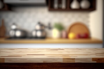 Fototapeta na wymiar Generative AI. A modern dark wooden kitchen countertop with decor and a copy space to mount your product display on top of a blurry modern kitchen space in the background.