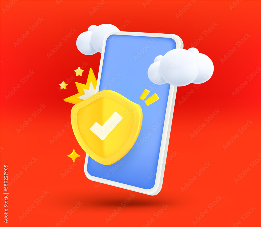 Poster modern smartphone with shield and blank screen. 3d vector illustration