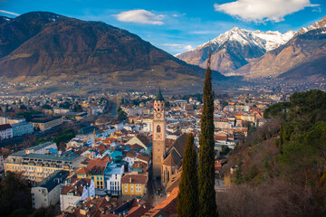 Merano city centre aerial panoramic view. Merano or Meran is a town in South Tyrol in northern Italy. - obrazy, fototapety, plakaty
