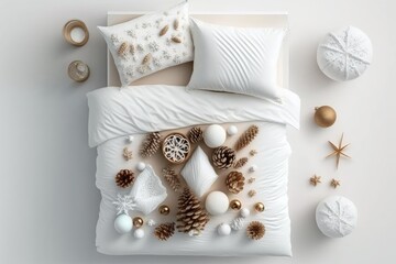 Christmas décor on white bed. Top view, flat lay idea. Generative AI