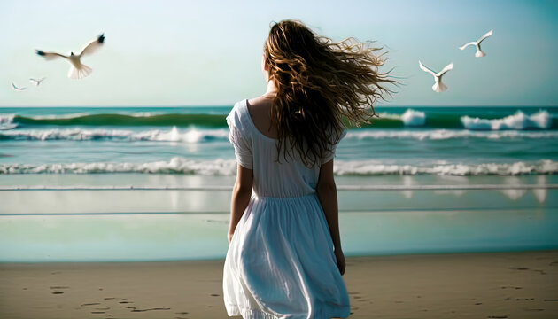 AI Generative Illustration of a Creative Photo of Young Woman Walking Alone on Beach in White Dress