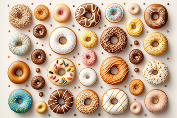 Sweet seamless dessert pattern with donuts illustration, texture background idea, created with Generative AI