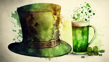 St.Patrick's day celebration background. Leprechaun green hat and green beer Generative a