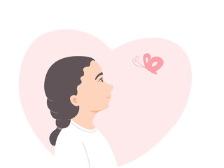 Side view of a smiling faces girl with butterfly with heart background, mental health awareness concept. Flat vector illustration.