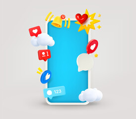 Modern smartphone with video social media elements and blank screen. 3d vector illustration