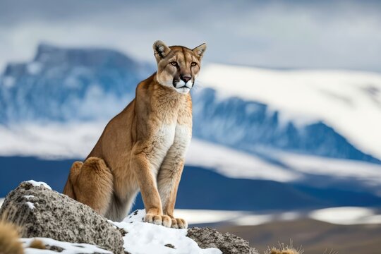 Puma in Torres del Paine, Chile, with a blue sky and snow in the winter. Cougar (Puma concolor), a wild big cat, is a dangerous animal whose picture is hidden in stone. Mountain Lion. Scene of wildlif