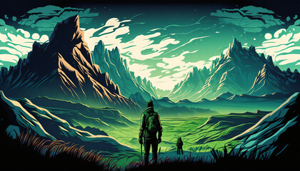 Vector Illustration of a Man in a Serene Fantasy Landscape, Lost in the Beauty of the Green Mountains in the Distance, Generative AI