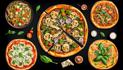 Fototapeta na wymiar top view Italian food dishes and pizza on dark background, Generative ai