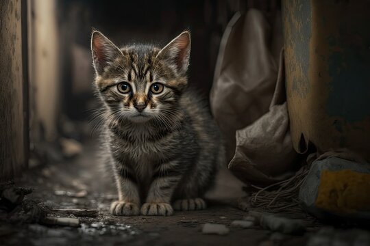 Cat that lives in the wild. Photo of a dirty, homeless cat. Animals are homeless. Shallow depth of field. A stray cat that was abandoned. Generative AI
