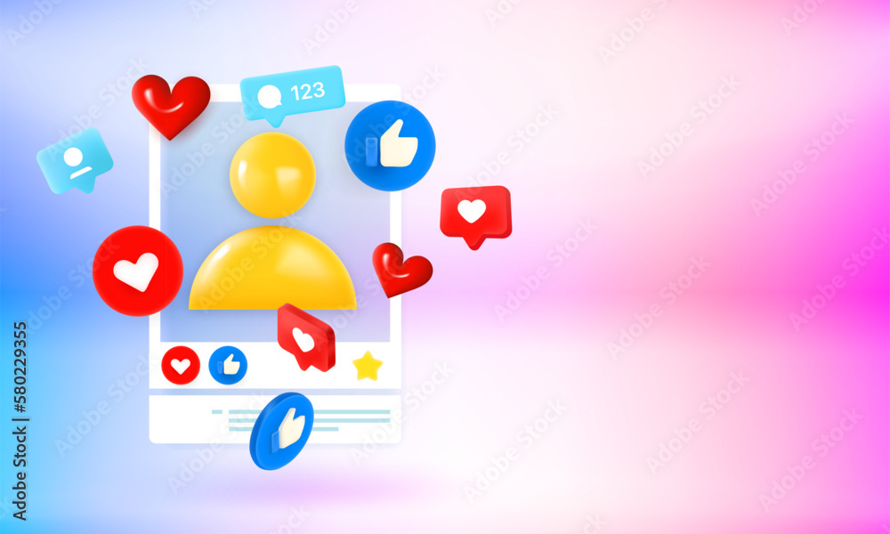 Poster Social media reactions in web or mobile application concept. 3d vector banner with copy space