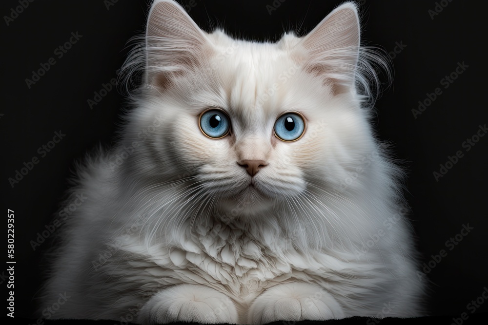 Poster Adorable breed from Britain Front view of a white cat with blue eyes sitting and looking at the camera on a black background. Generative AI