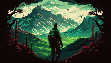 Vector Illustration of a Man Standing in a Dreamlike Landscape, Marveling at the Green Mountains in the Distance, Generative AI