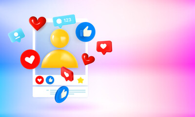 Social media reactions in web or mobile application concept. 3d vector banner with copy space