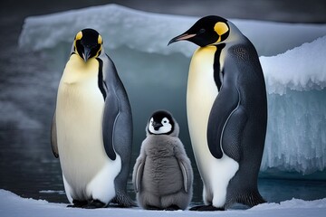 Emperor penguin family in Antarctica. Generative AI