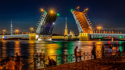 St Petersburg, Russia - Drawbridge raised up at night