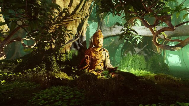 Ancient god statue in tropical forest