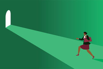 ビジネスイメージ　トンネルと出口と走る8等身の黒人系女性のイラスト　将来キャリアアップ進路