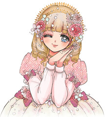 少女漫画イラスト・お花のドレスを着た金髪巻き髪のお姫様