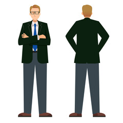 白人系男性のビジネスマンの立ち姿　前後のイラストセット　白バック