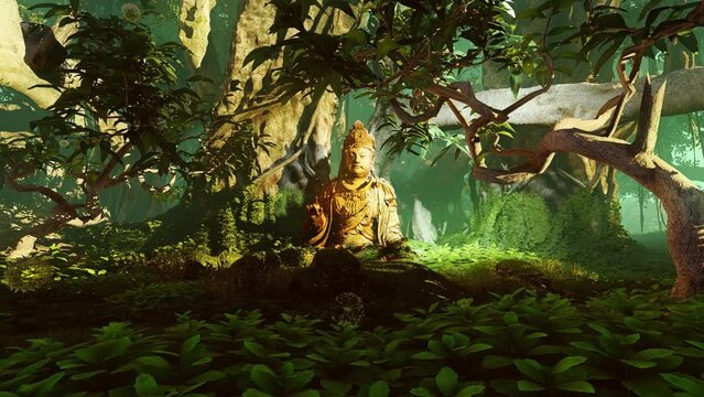 Golden god statue in the rainforest