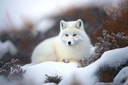 Arctic fox (Vulpes Lagopus) in the tundra in the winter. Close up of a white arctic fox. Generative AI