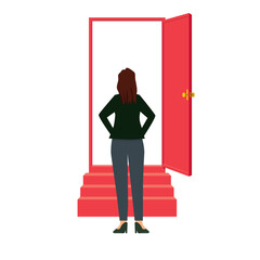 ビジネスイメージ　階段と扉に向かうアジア系女性後ろ姿のイラスト　人生設計　将来キャリアアップ進路