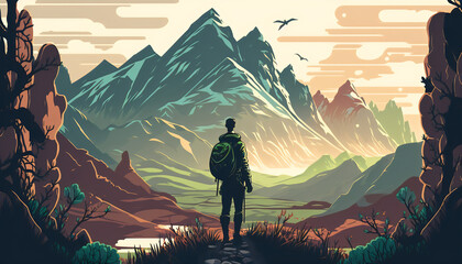 Awe-Inspiring View: Man in Fantasy Landscape Looking at Distant Green Mountains in Vector Illustration, Generative AI
