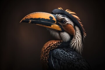 Obraz premium Hornbill in front of a dark background. Detail of bird's face. Hornbill up close. Poster bird. Photo with a spot for writing. Generative AI