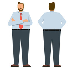 太った白人系男性のビジネスマンの立ち姿　前後のイラストセット　白バック