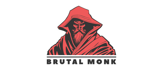 Vector logo, red, bearded powerful formidable brutal monk in a hood on a white isolated background. Hidden warrior. Sticker, icon or emblem. - obrazy, fototapety, plakaty